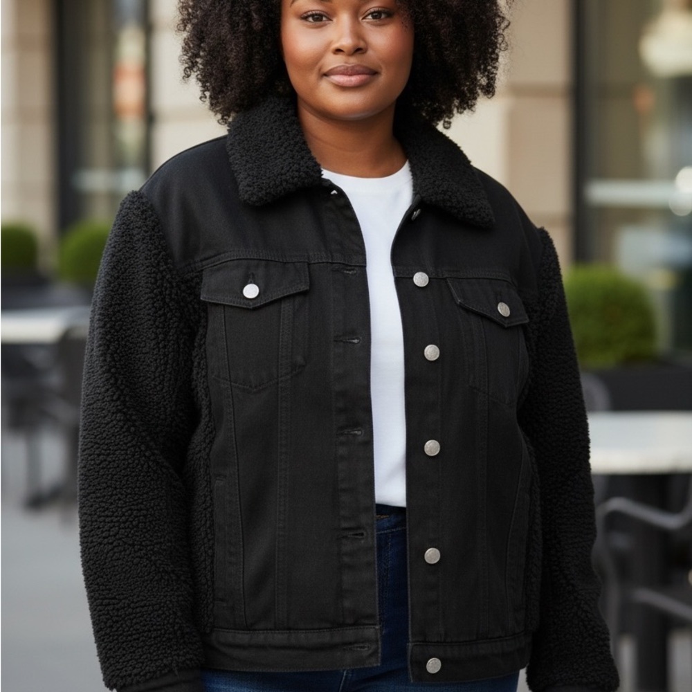 Pink Lily Black Sherpa Jean Jacket